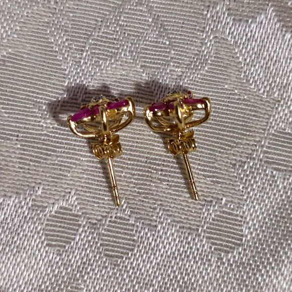 Fine Ruby Diamond Flower Designer Earrings 18K Yellow Gold Over Sterling Silver - Picture 7 of 11